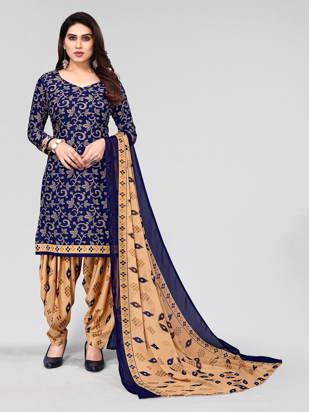 

KALINI Floral Printed Unstitched Dress Material, Navy blue