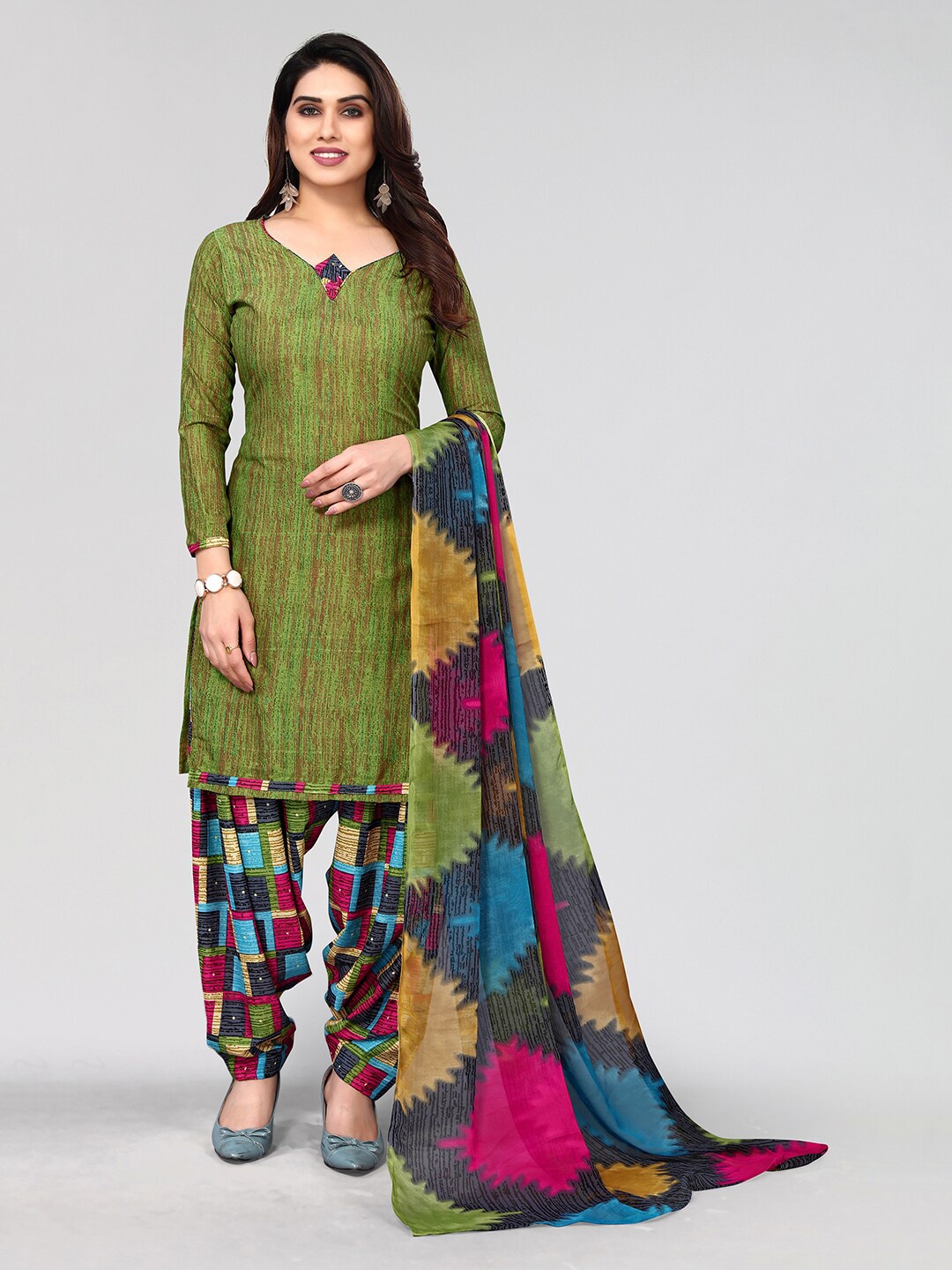 

KALINI Striped Unstitched Dress Material, Green