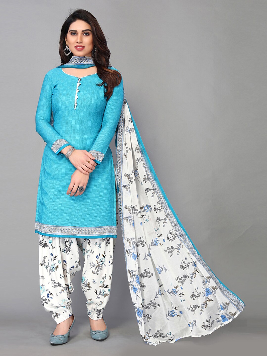 

KALINI Turquoise Printed Unstitched Dress Material, Turquoise blue