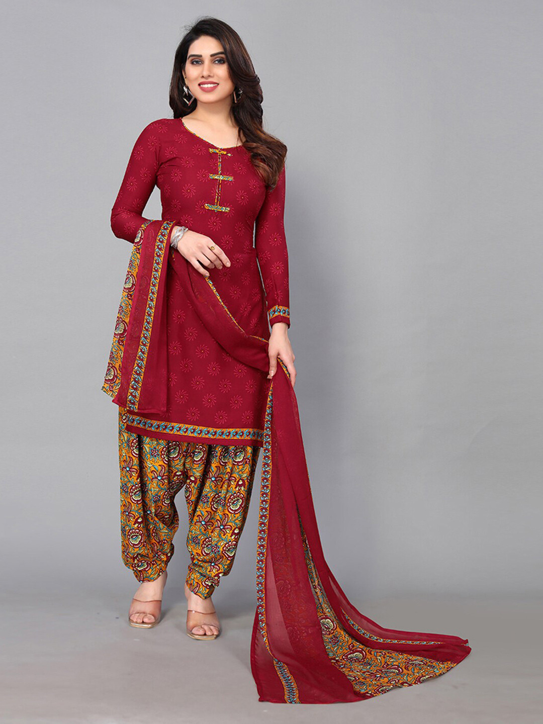 

KALINI Printed Unstitched Dress Material, Maroon