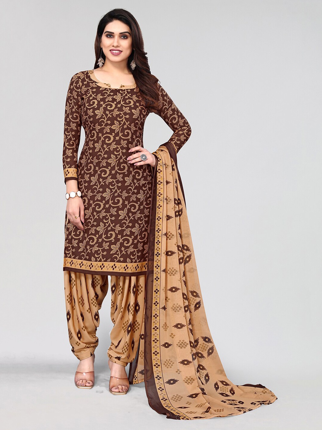 

KALINI Printed Unstitched Dress Material, Brown