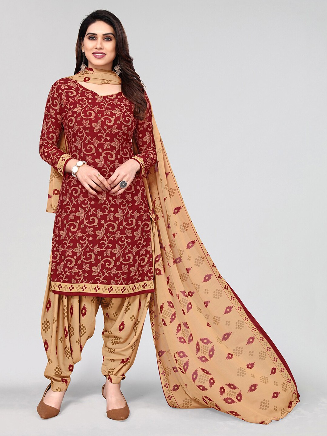 

KALINI Printed Unstitched Dress Material, Maroon