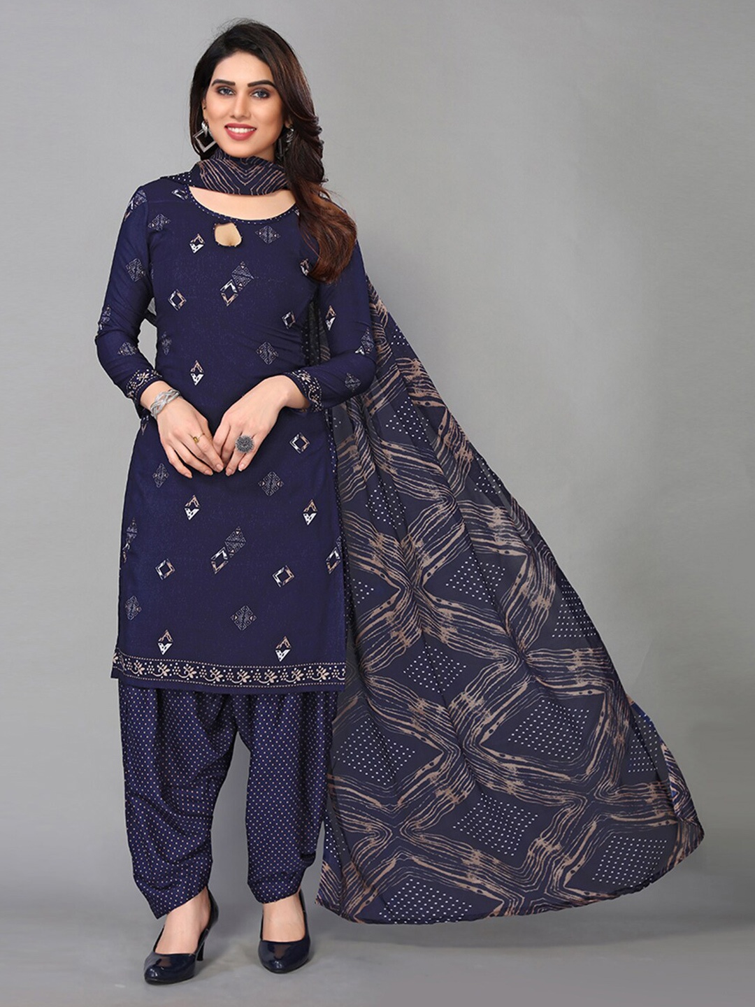 

KALINI Printed Unstitched Dress Material, Navy blue