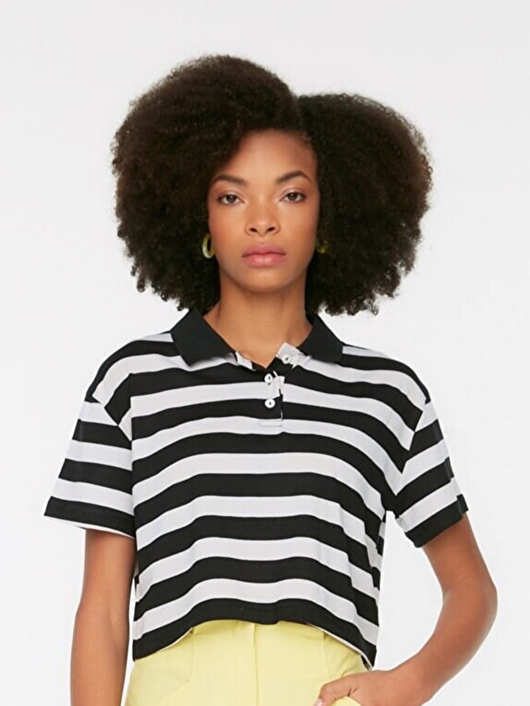 

Trendyol Women Striped Polo Collar Boxy Cotton T-shirt, Black