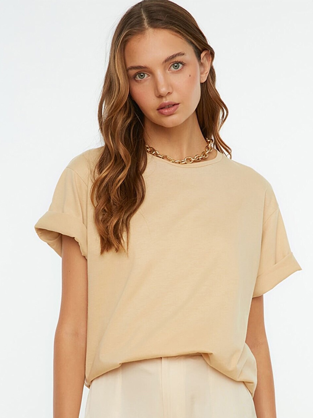 

Trendyol Women Drop-Shoulder Sleeves Oversize Pure Cotton T-shirt, Beige