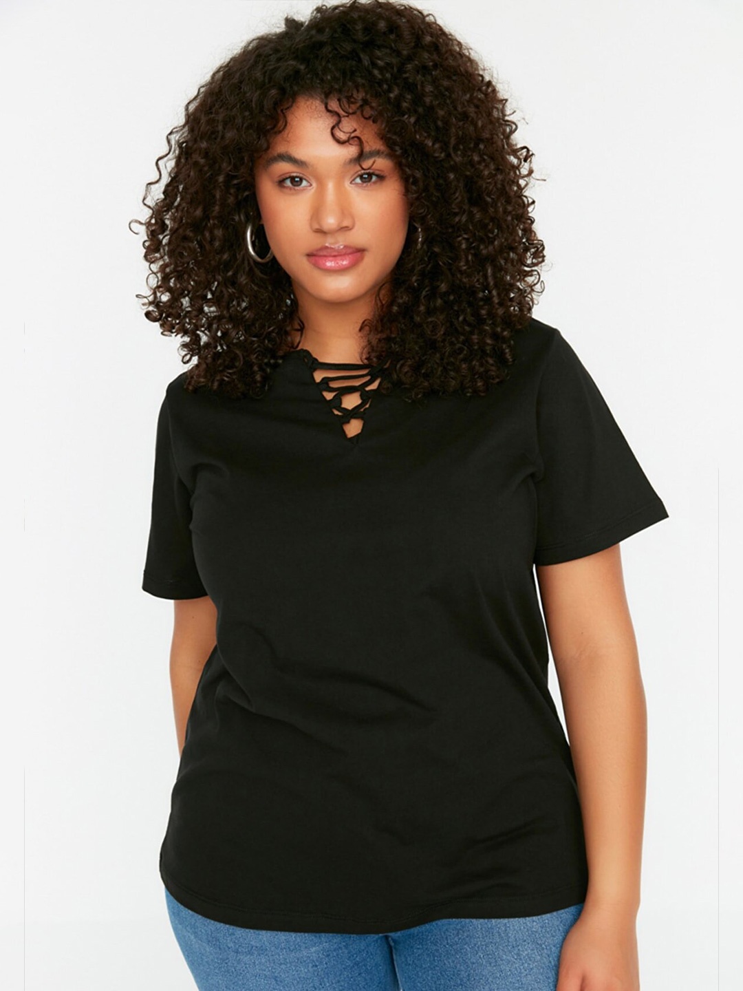 

Trendyol Women Plus Size V-Neck Pure Cotton T-shirt, Black