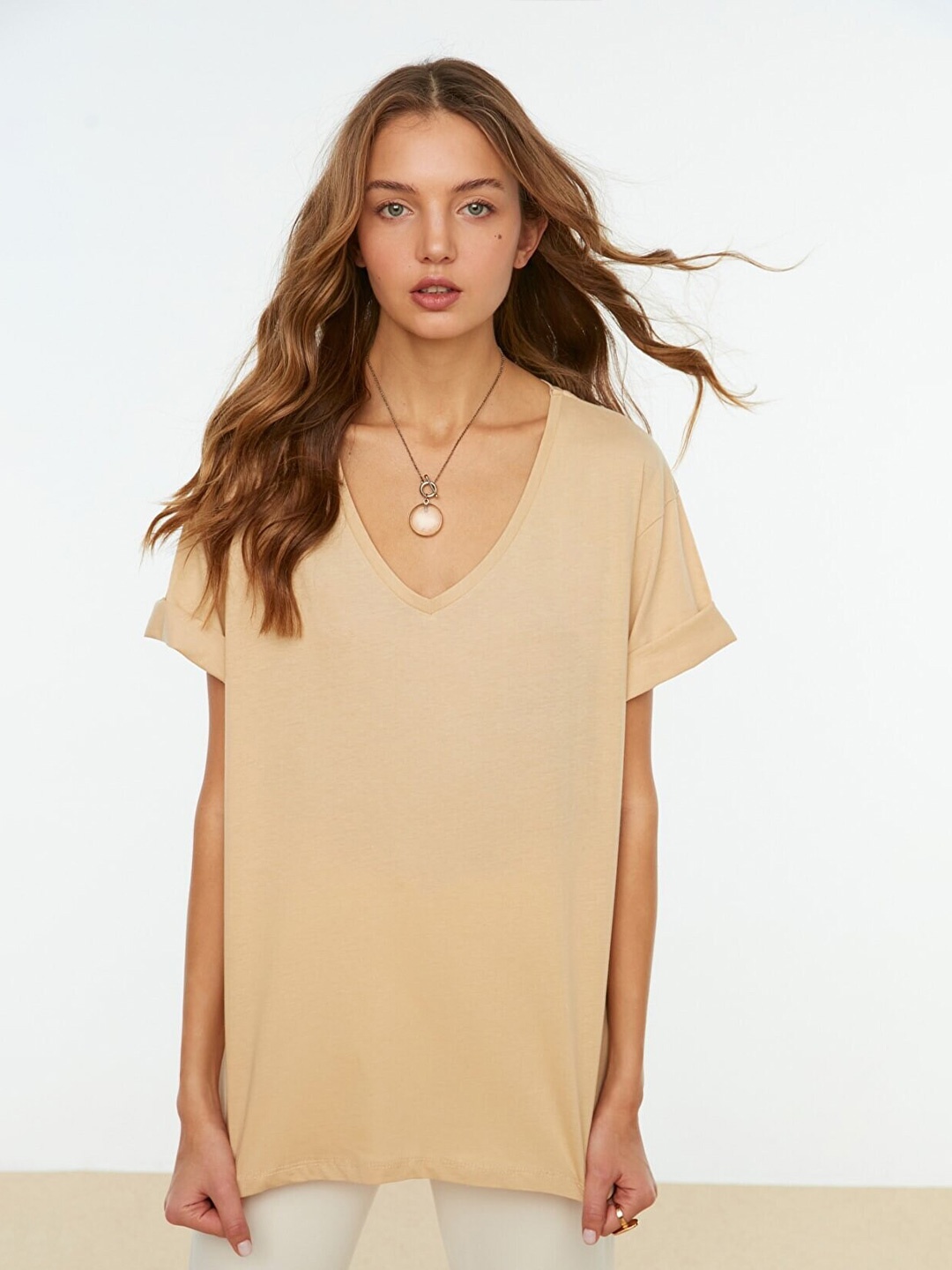 

Trendyol Women V-Neck Extended Sleeves Oversize Pure Cotton T-shirt, Beige