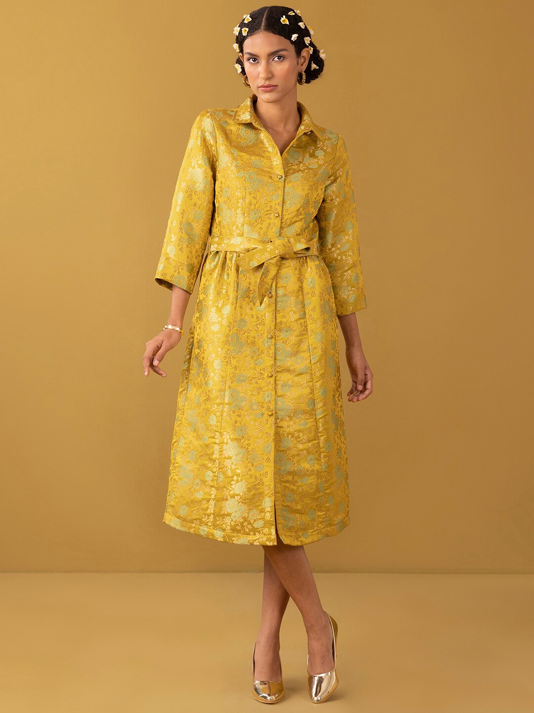 

Marigold by FableStreet Floral Chanderi Brocade Shirt Midi Dress, Yellow