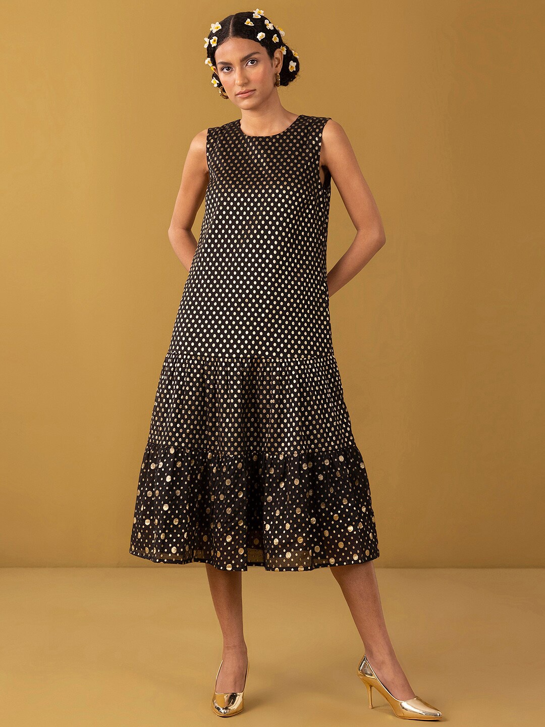

Marigold by FableStreet Polka Dots Printed A-Line Midi Dress, Black