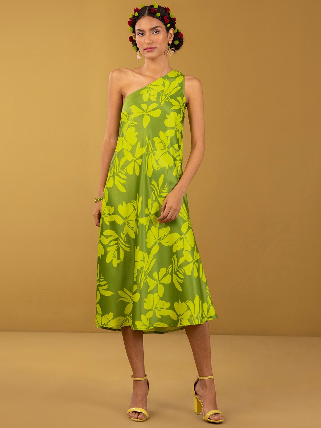 

Marigold by FableStreet Floral Printed One Shoulder A-Line Midi Dress, Green