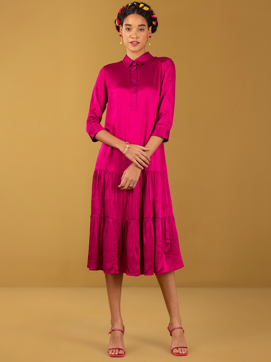 

Marigold by FableStreet Tiered Shirt Midi Dress, Pink