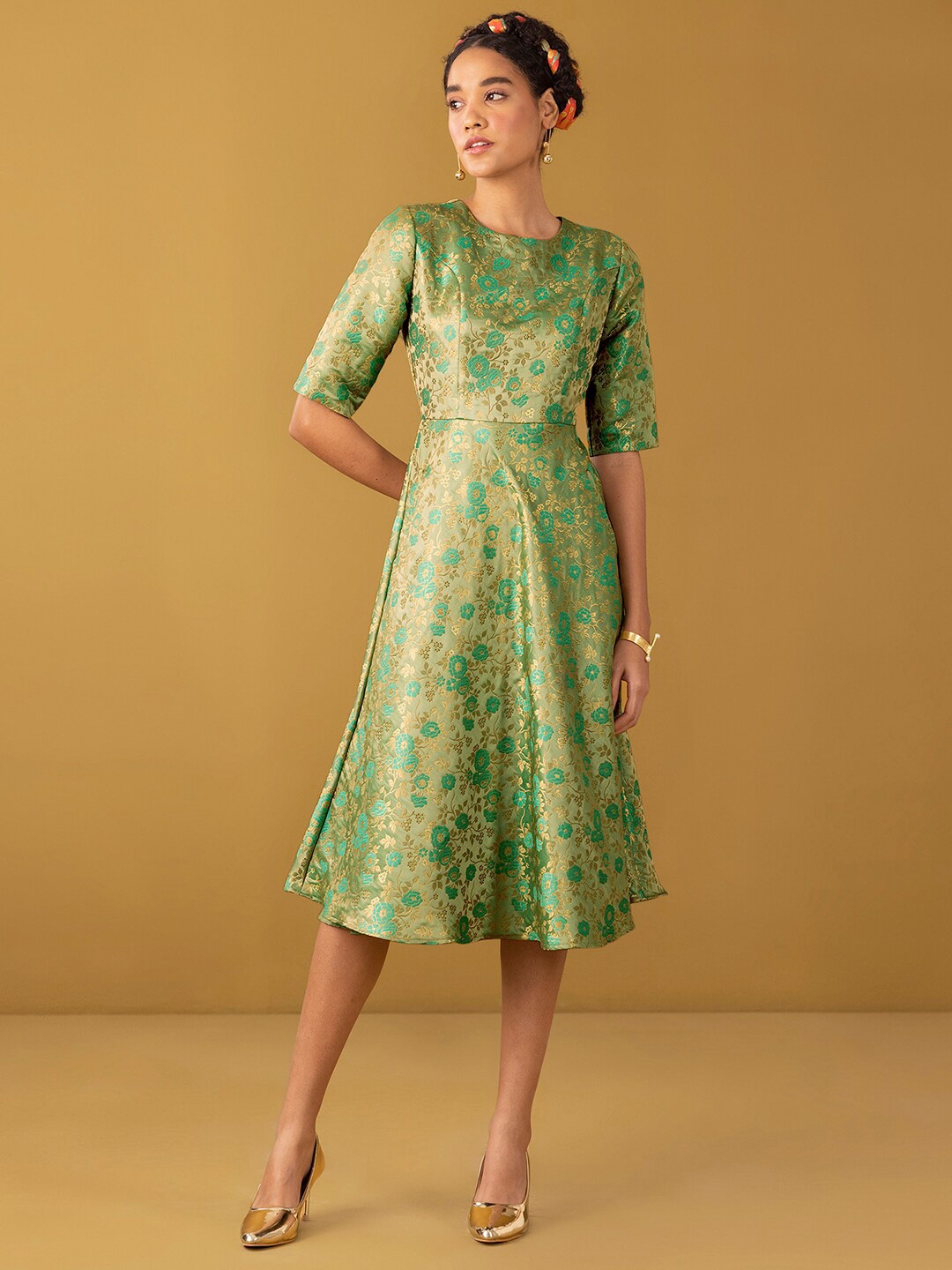 

Marigold by FableStreet Floral Printed A-Line Midi Dress, Green