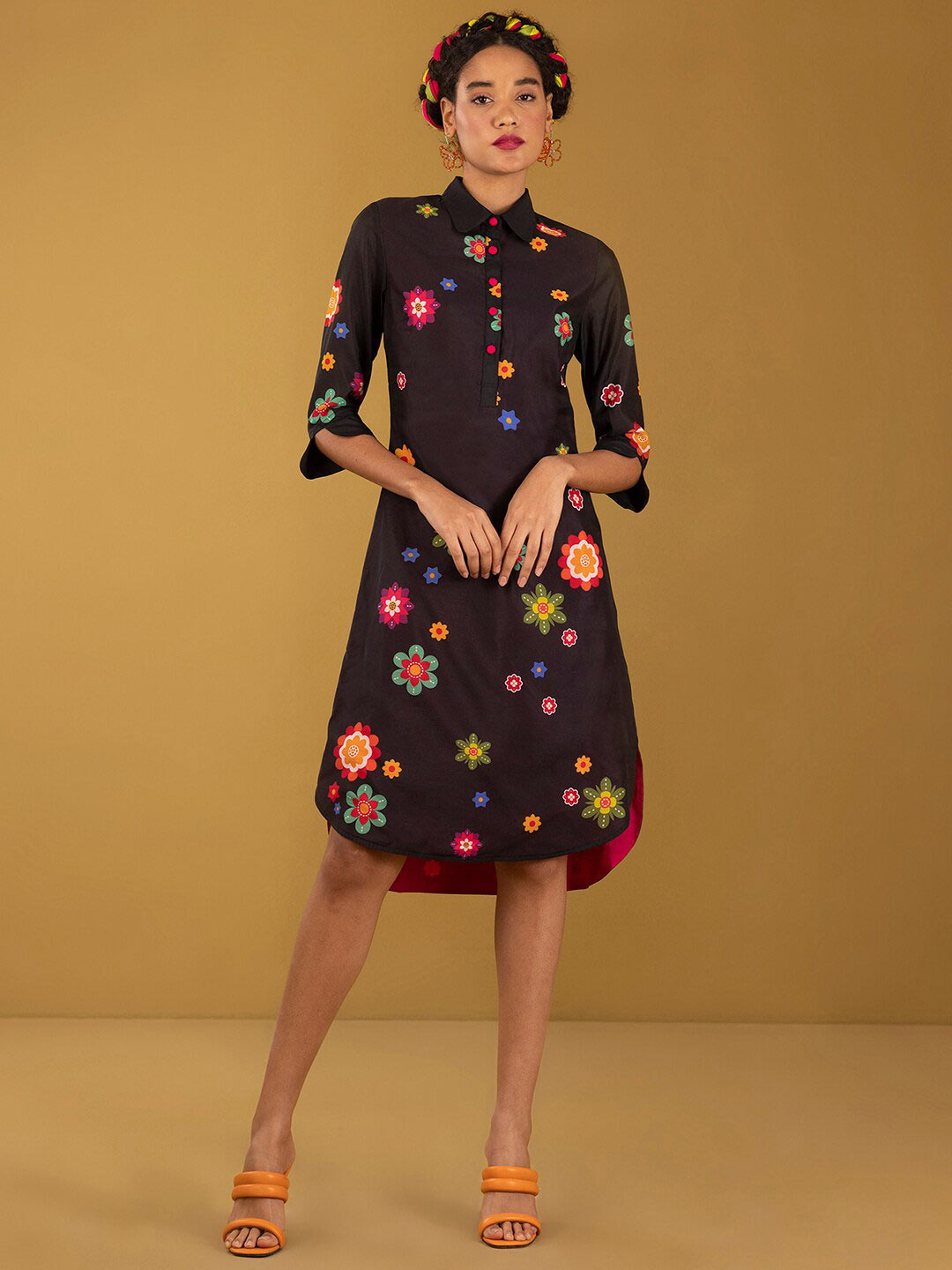 

Marigold by FableStreet Floral Printed Silk Shirt Dress, Black