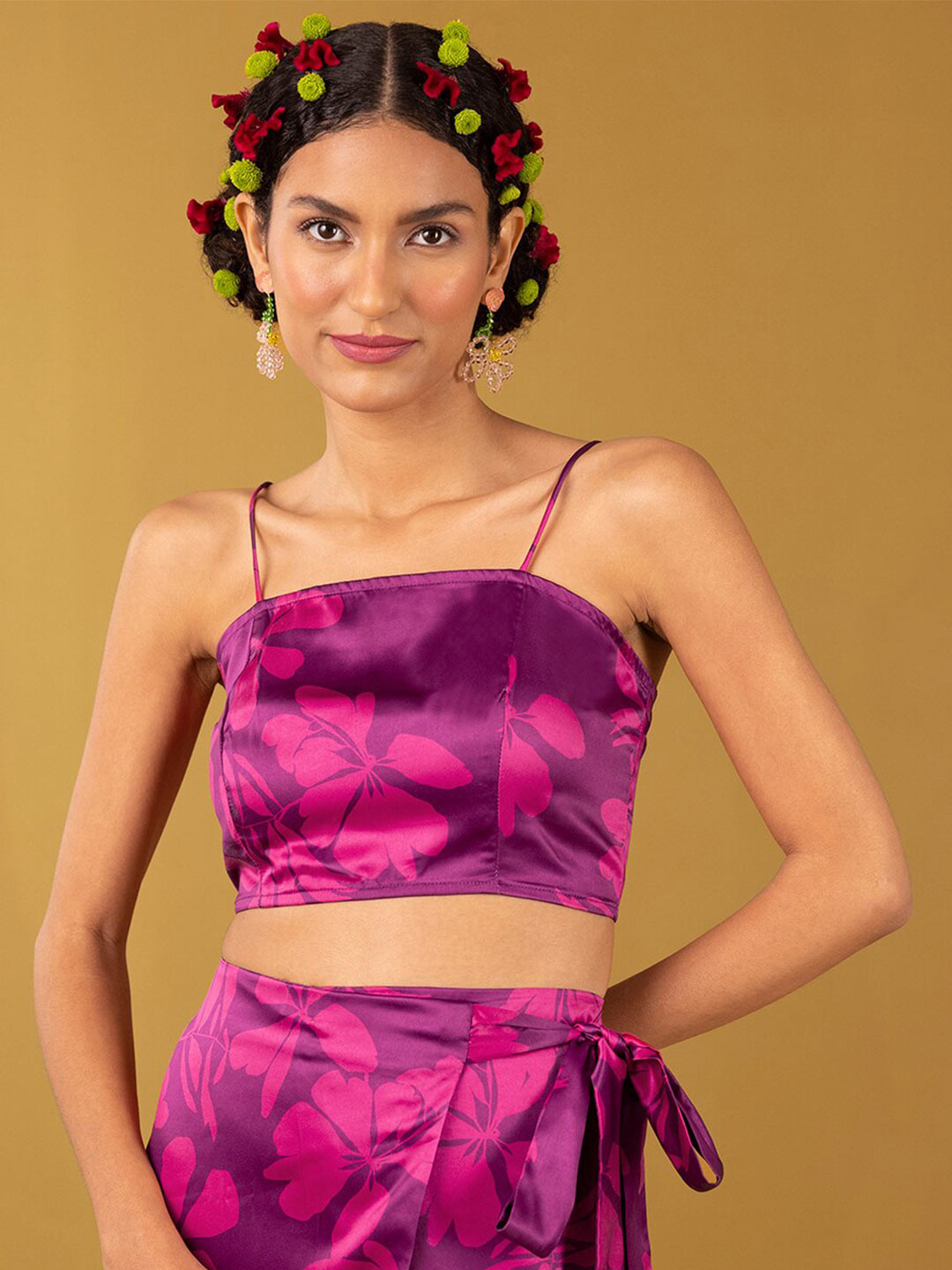 

Marigold by FableStreet Floral Print Satin Crop Top, Pink