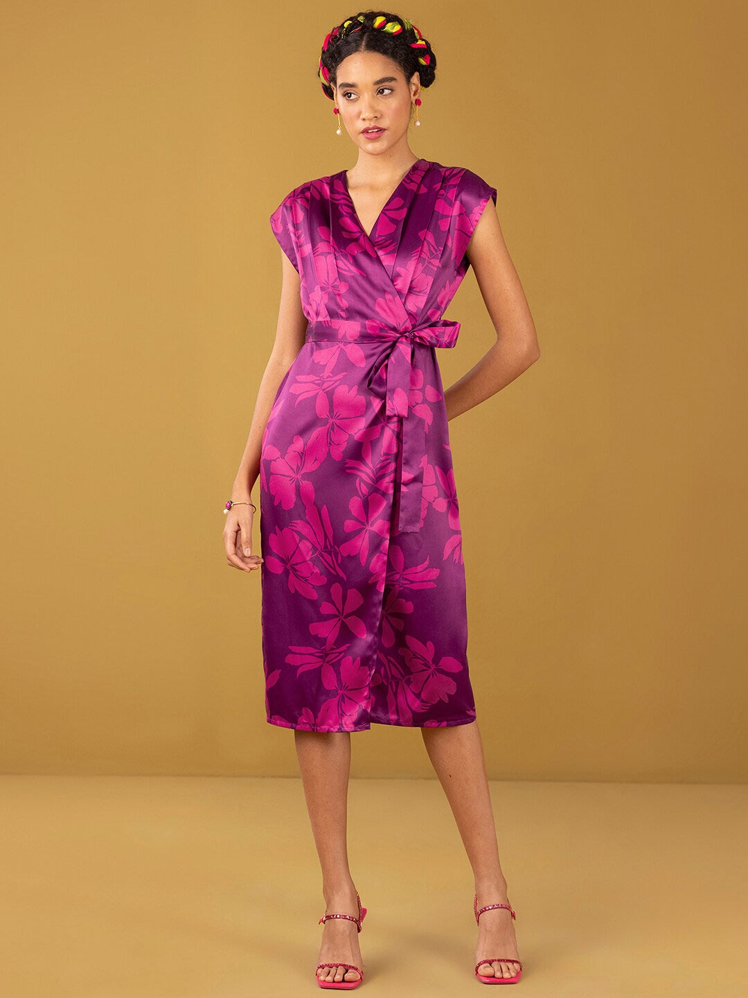 

Marigold by FableStreet Floral Printed V-Neck Silk Wrap Dress, Pink