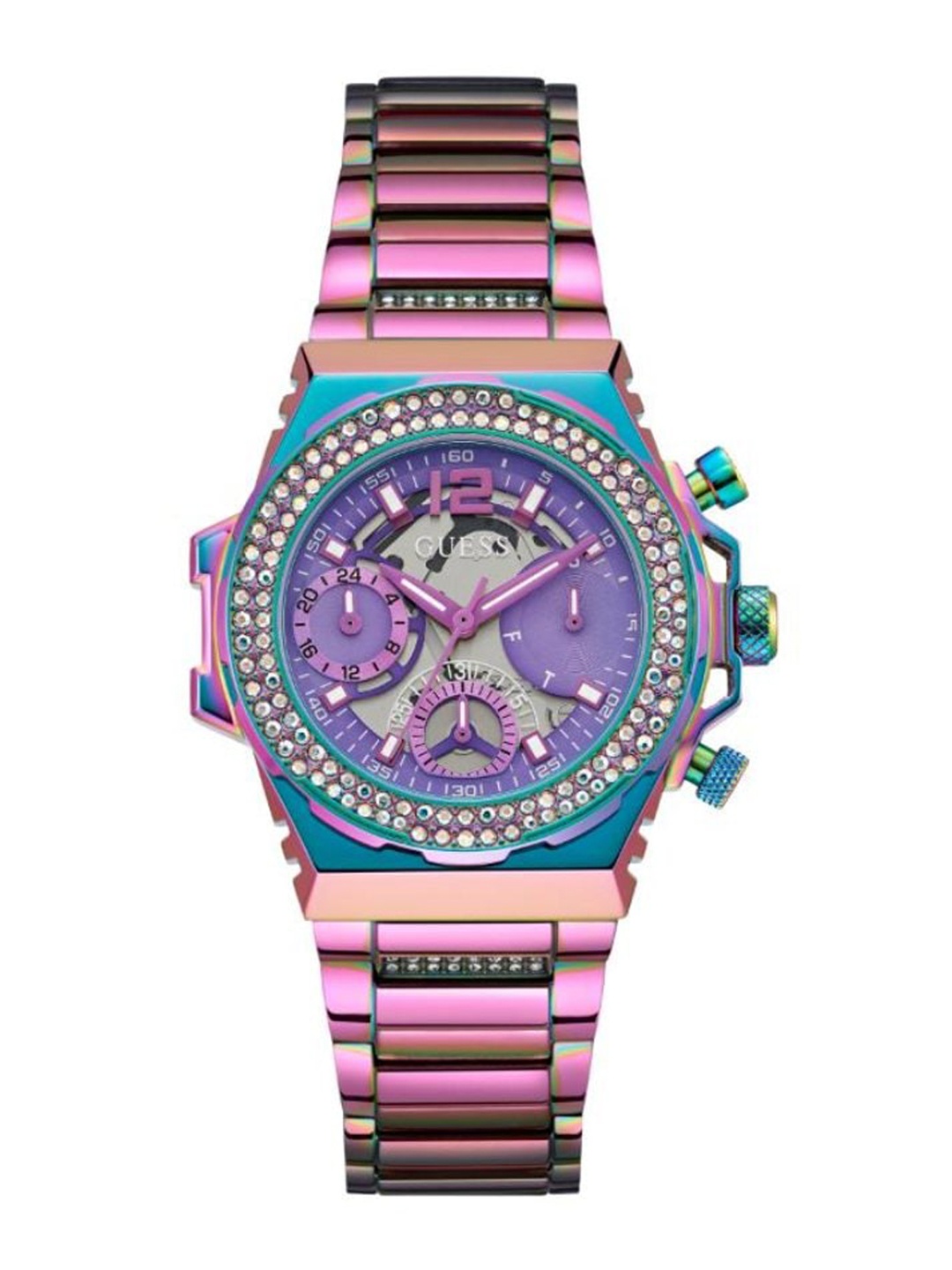 

GUESS Women Printed Dial & Pink Stainless Steel Bracelet Style Straps Analogue Watch, Purple