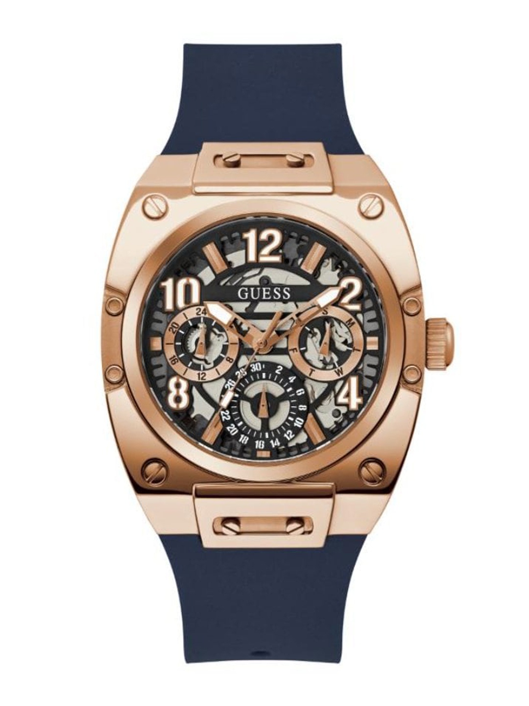 

GUESS Men Skeloton Pattern Dial & Strap Analogue Watch GW0569G3, Blue