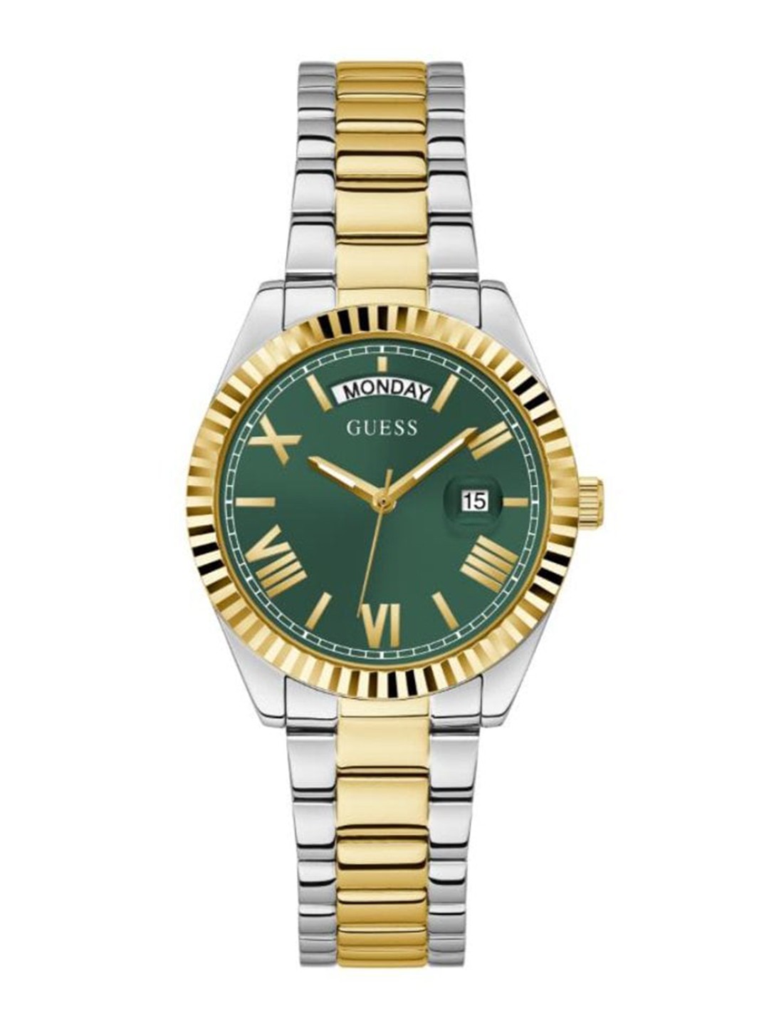 

GUESS Women Gold Toned Stainless Steel Bracelet Style Straps Analogue Watch, Green