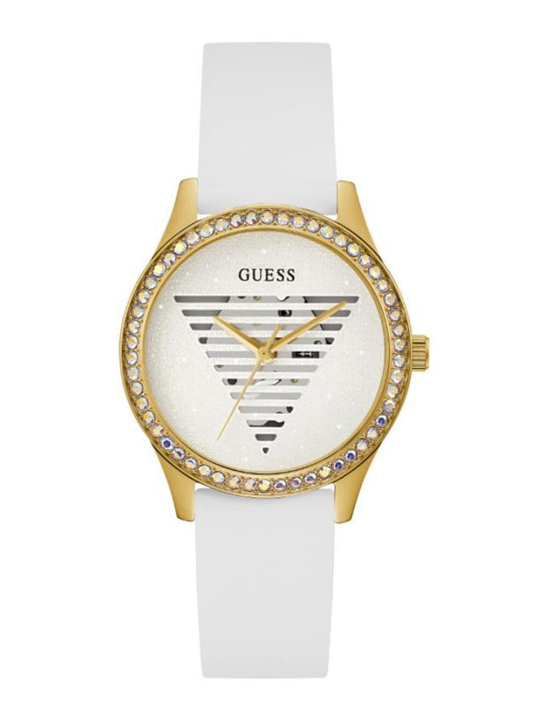 

GUESS Women Embellished Dial & White Leather Straps Analogue Watch- GW0530L6