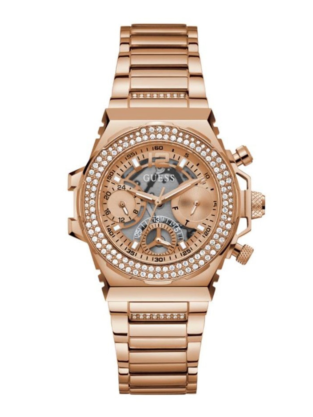 

GUESS Women Embellished Dial & Bracelet Style Straps Analogue Watch- GW0552L3, Rose gold