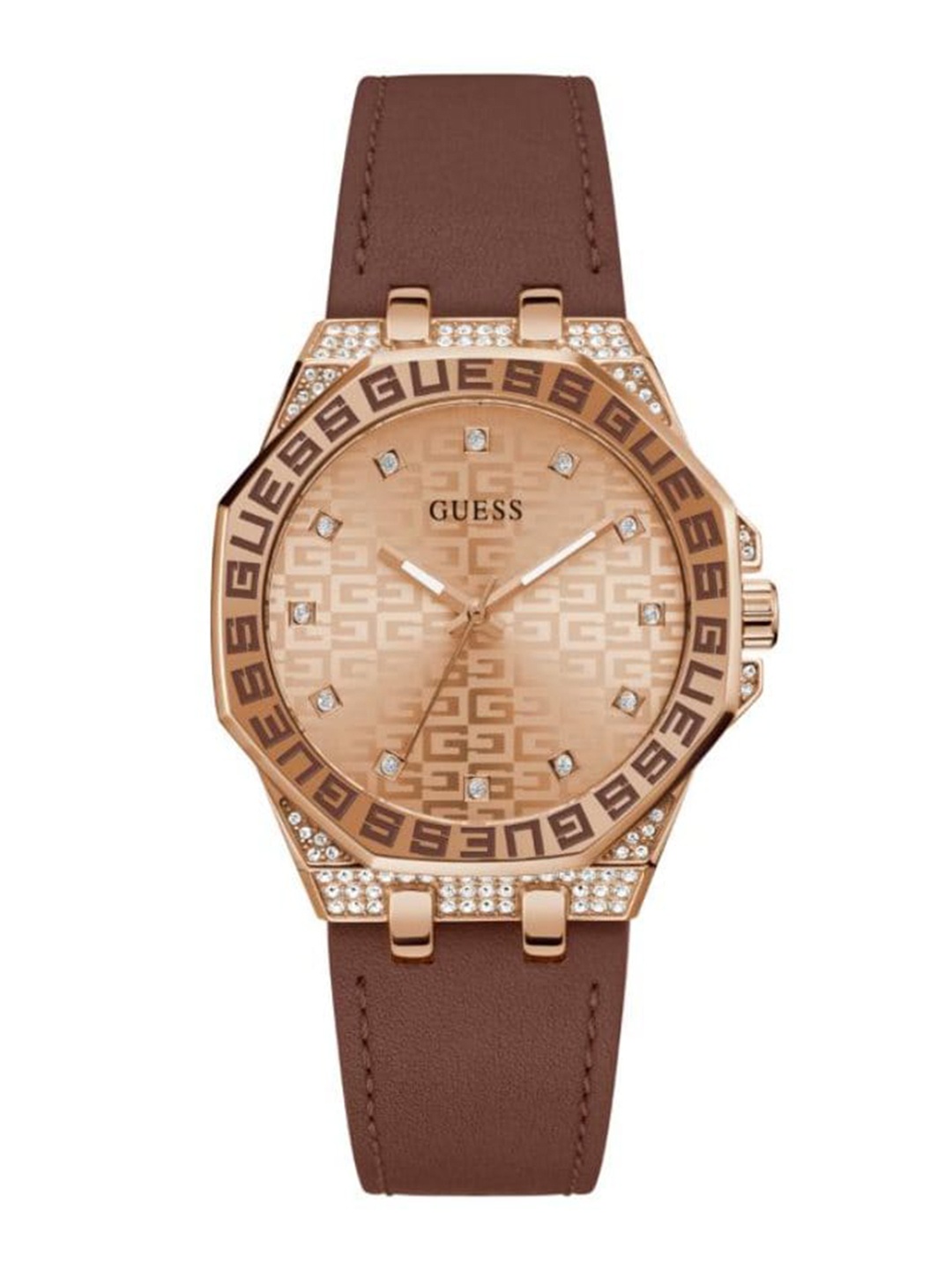

GUESS Women Embellished Dial & Brown Leather Straps Analogue Watch, Rose gold
