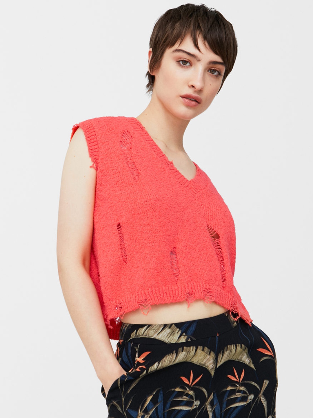 

MANGO Women Coral Pink Distressed Boxy Top