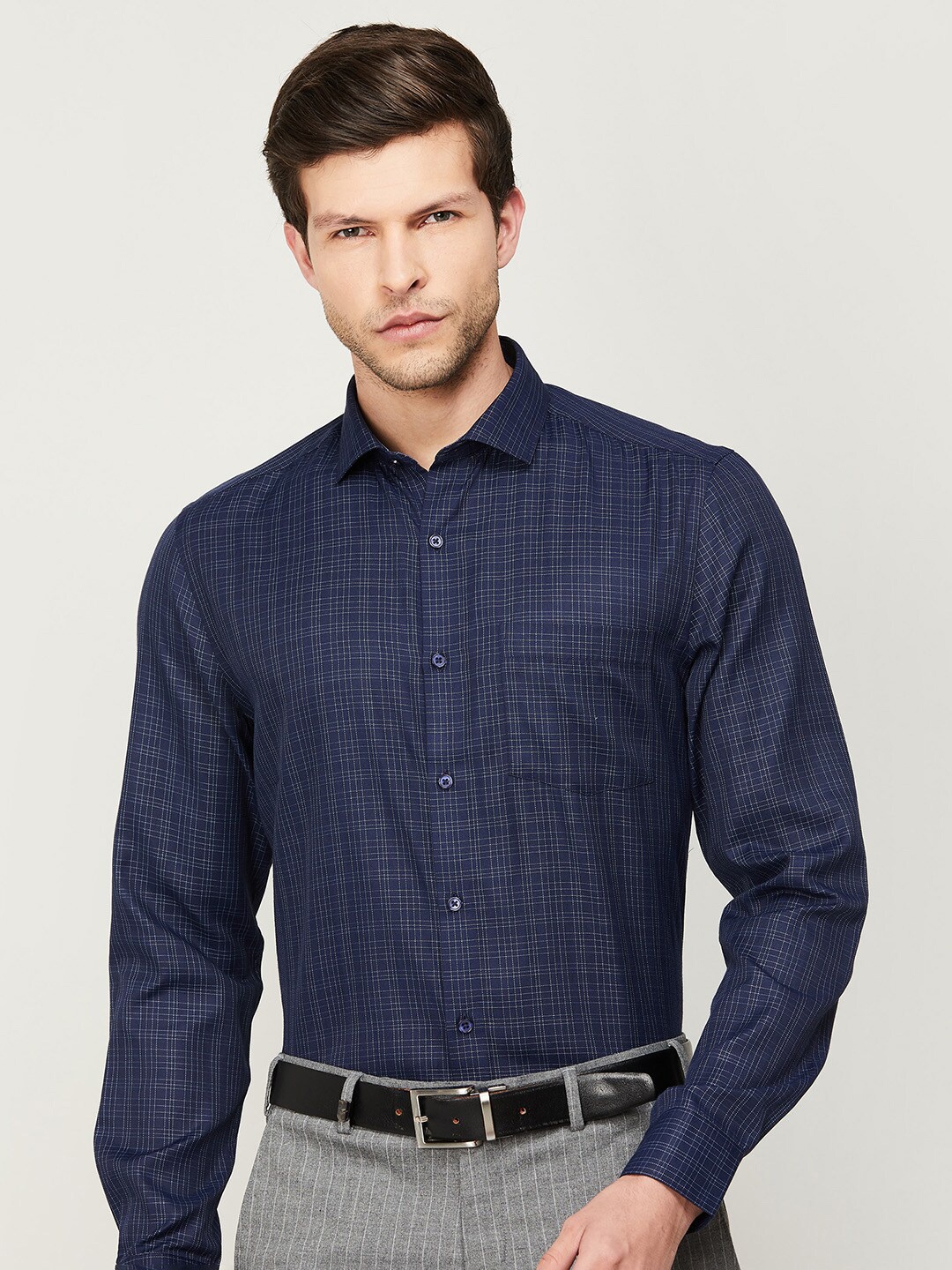 

CODE by Lifestyle Men Grid Tattersall Checked Formal Cotton Shirt, Navy blue