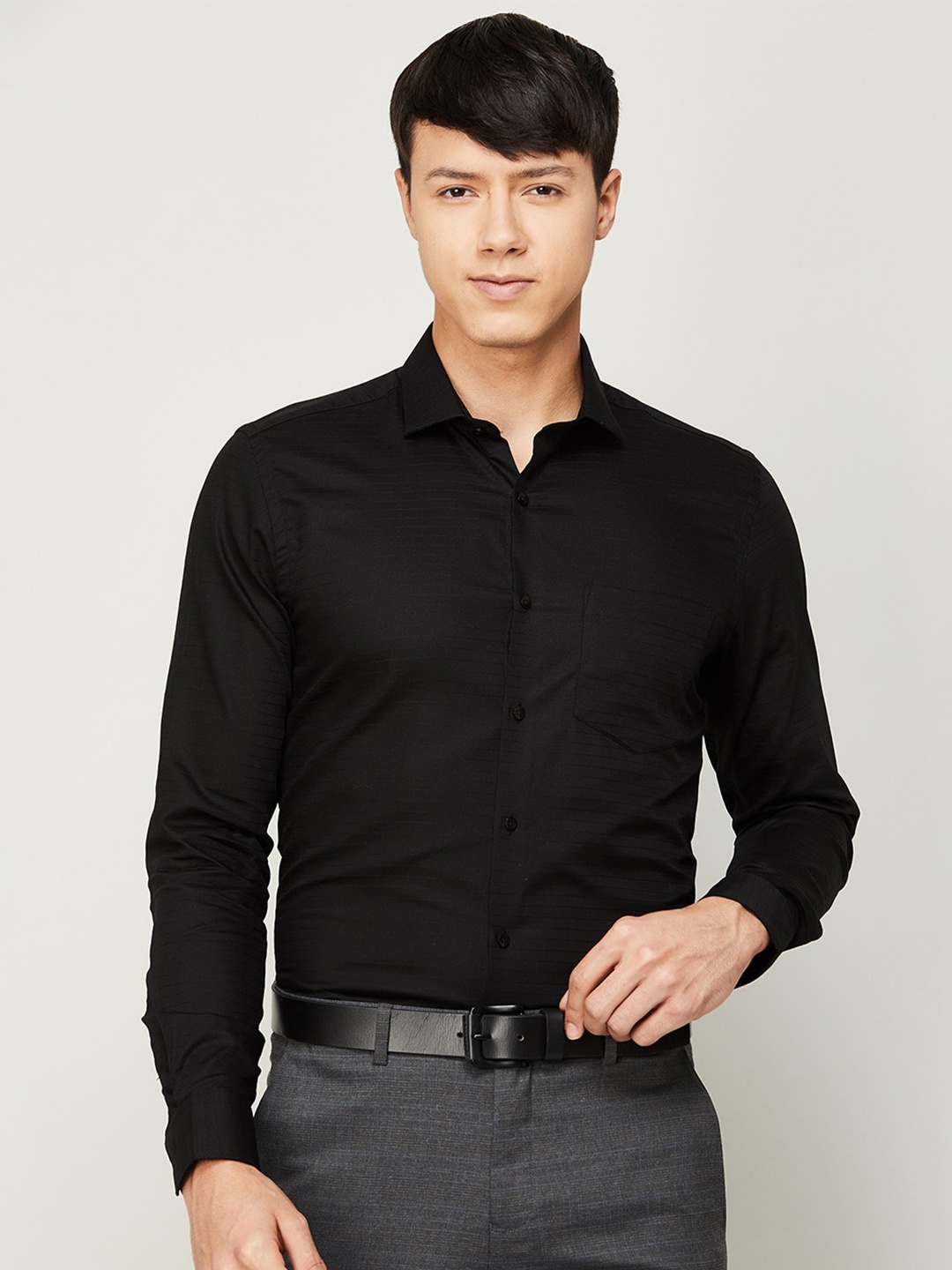 

CODE by Lifestyle Men Slim Fit Horizontal Stripes Formal Cotton Shirt, Black