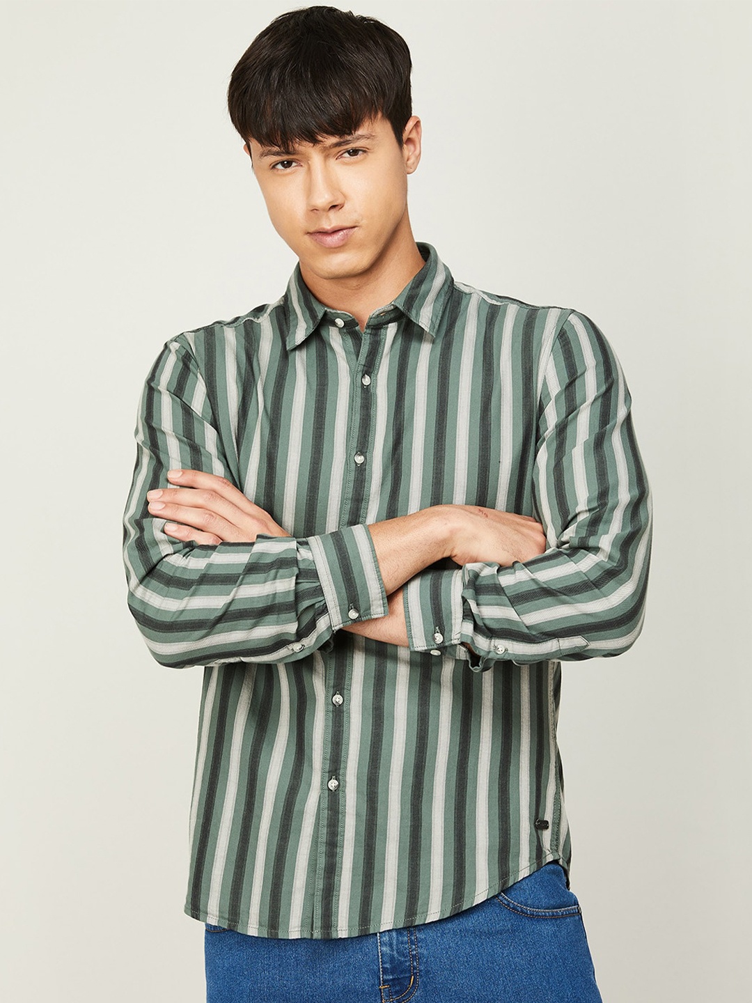 

Denimize by Fame Forever Men Slim Fit Striped Casual Cotton Shirt, Green