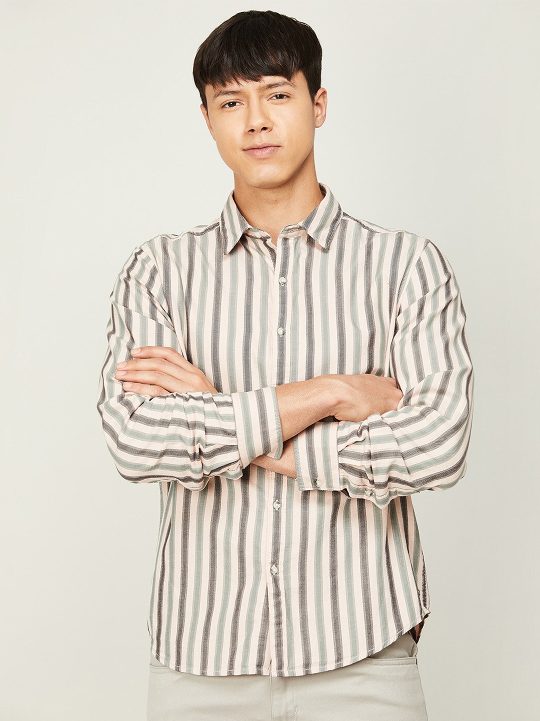 

Denimize by Fame Forever Men Slim Fit Striped Casual Cotton Shirt, Beige