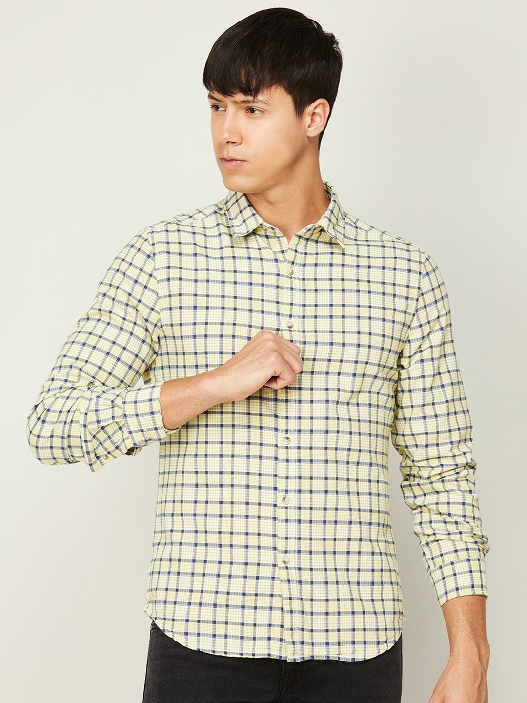 

Denimize by Fame Forever Men Slim Fit Tartan Checks Casual Cotton Shirt, Yellow