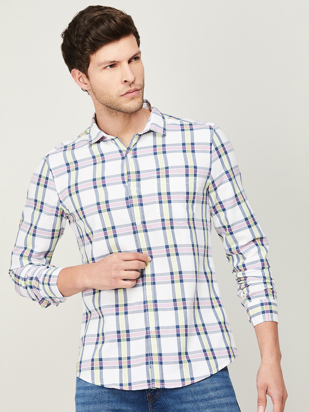 

Fame Forever by Lifestyle Men Slim Fit Tartan Checked Casual Cotton Shirt, White