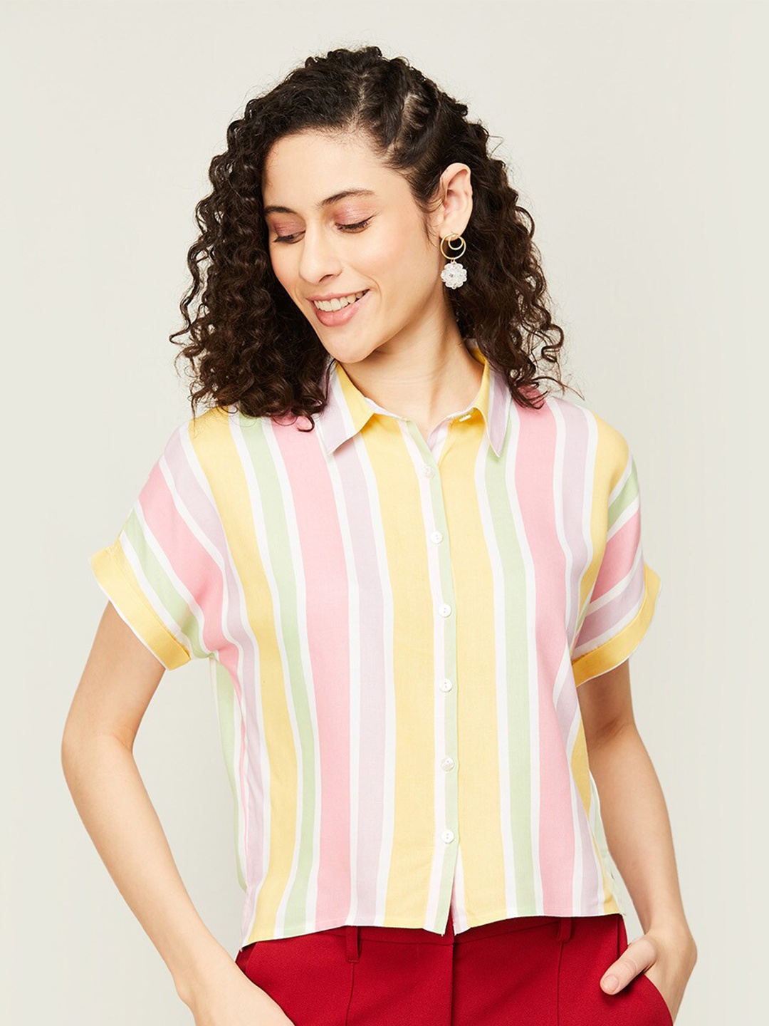 

Ginger by Lifestyle Women Striped Casual Crop Shirt, Peach