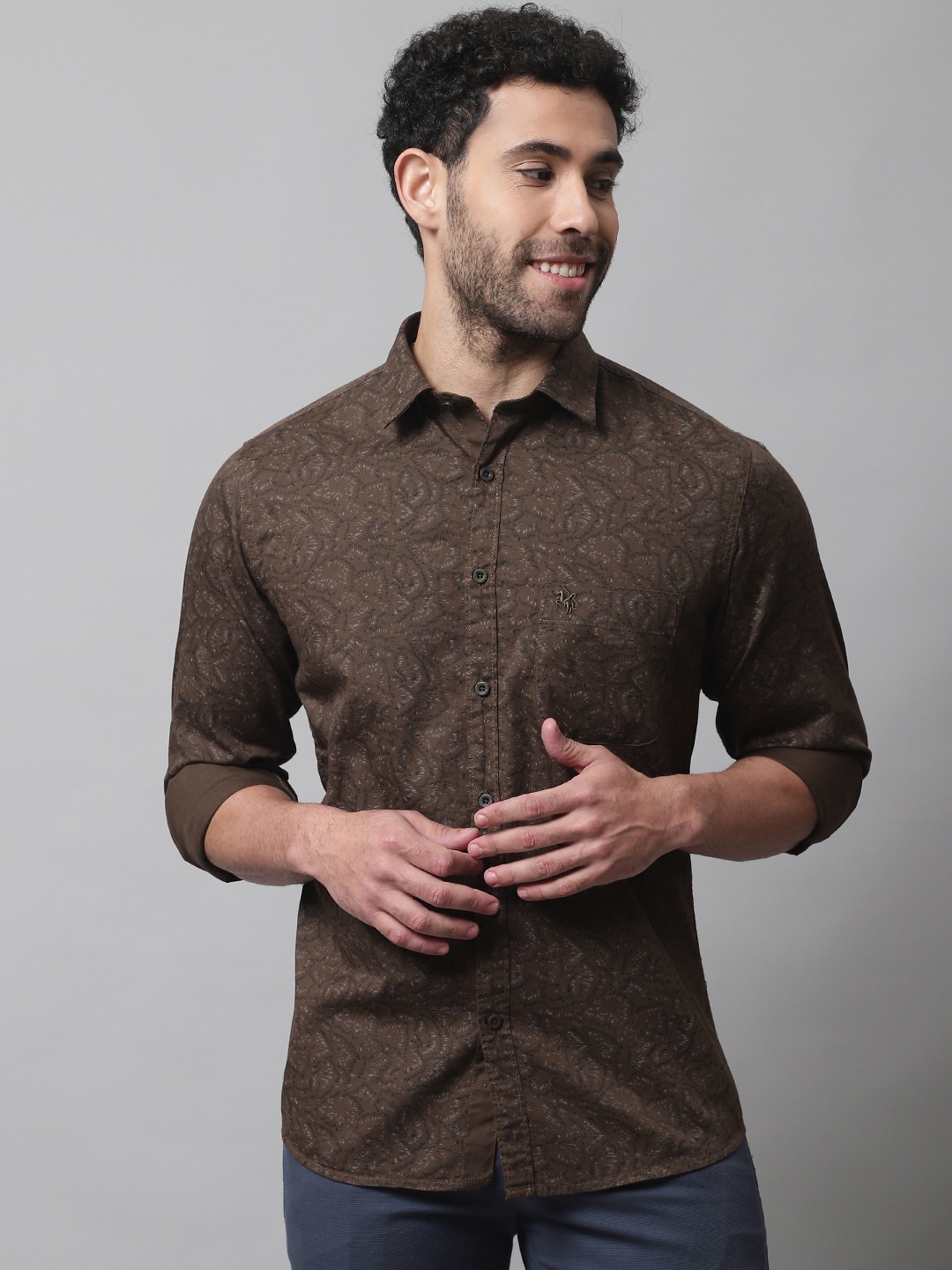 

Cantabil Men Floral Printed Casual Cotton Shirt, Olive