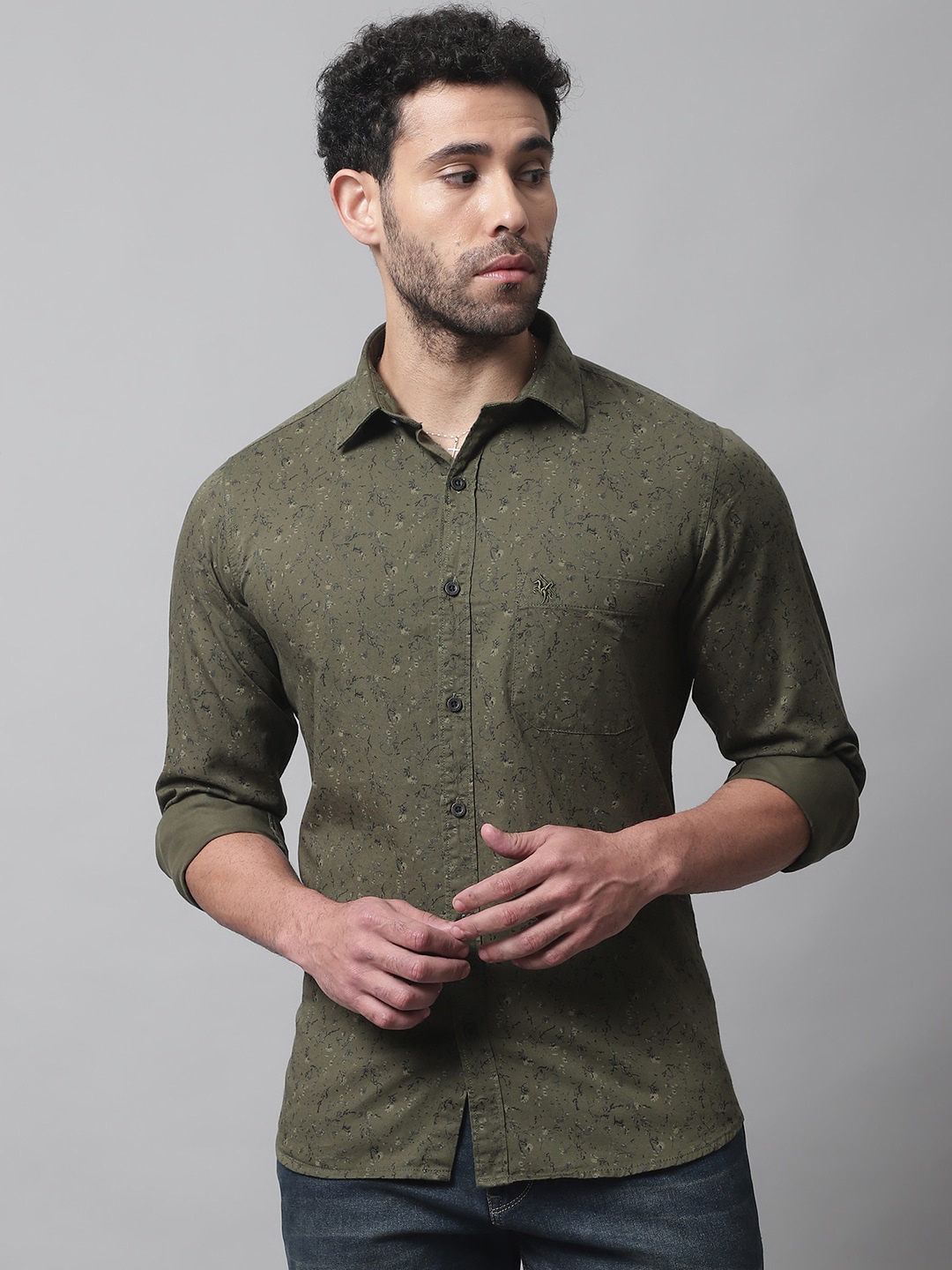 

Cantabil Men Floral Printed Cotton Casual Shirt, Olive