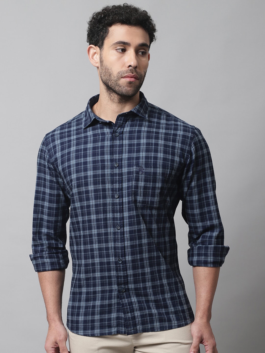 

Cantabil Men Tartan Checks Checked Cotton Casual Shirt, Navy blue