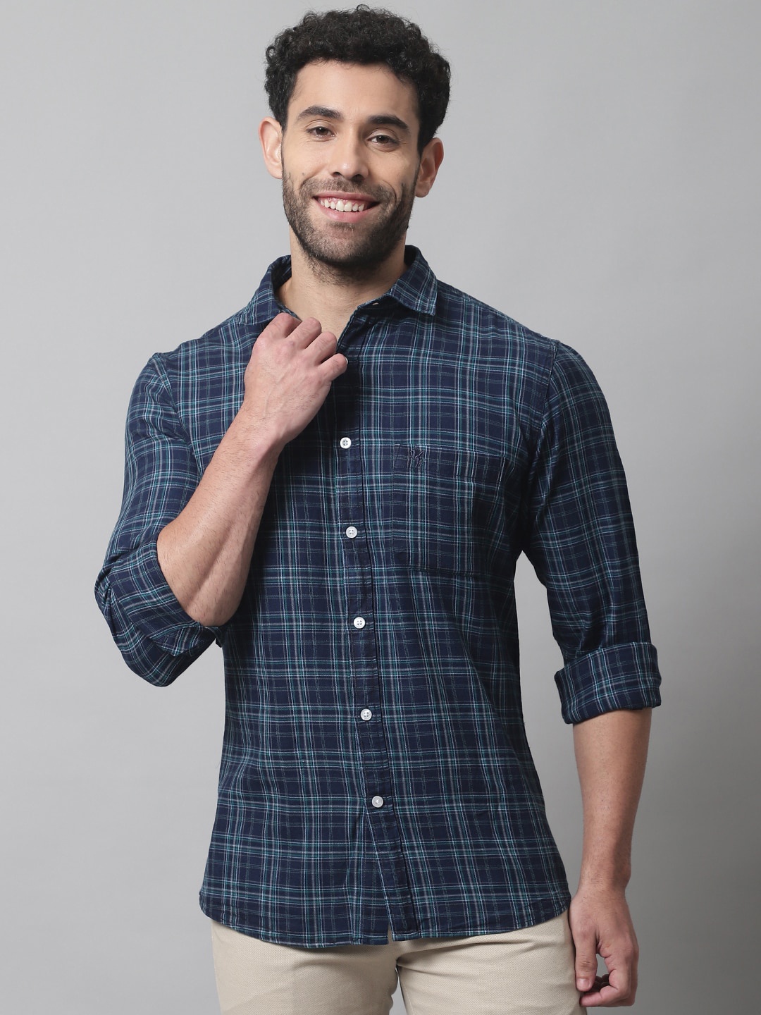 

Cantabil Men Tartan Checked Cotton Casual Shirt, Navy blue