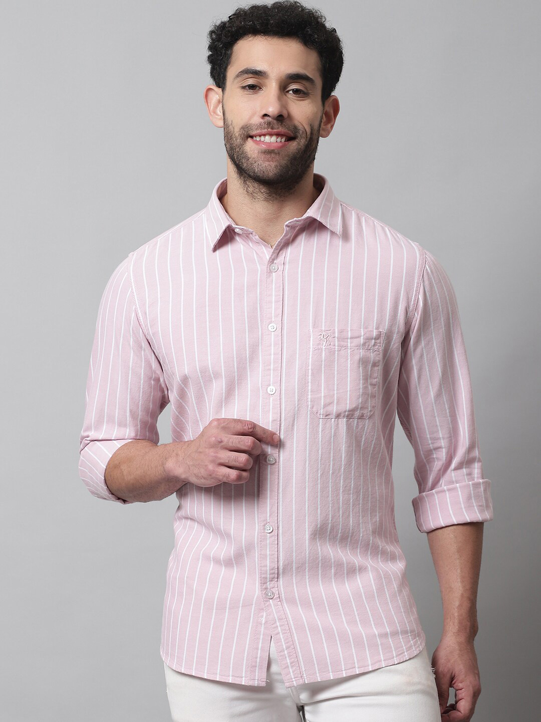 

Cantabil Men Striped Cotton Casual Shirt, Pink