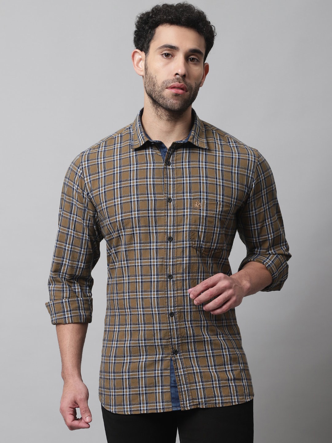 

Cantabil Men Khaki Tartan Checked Casual Cotton Shirt