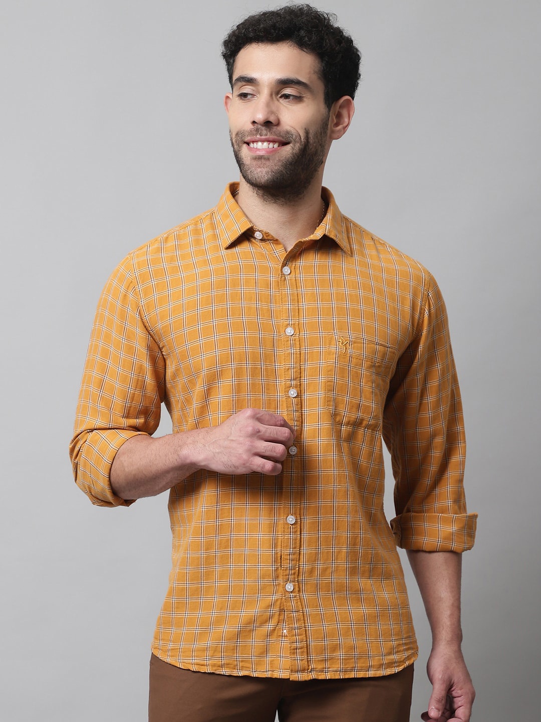 

Cantabil Men Checked Cotton Casual Shirt, Mustard