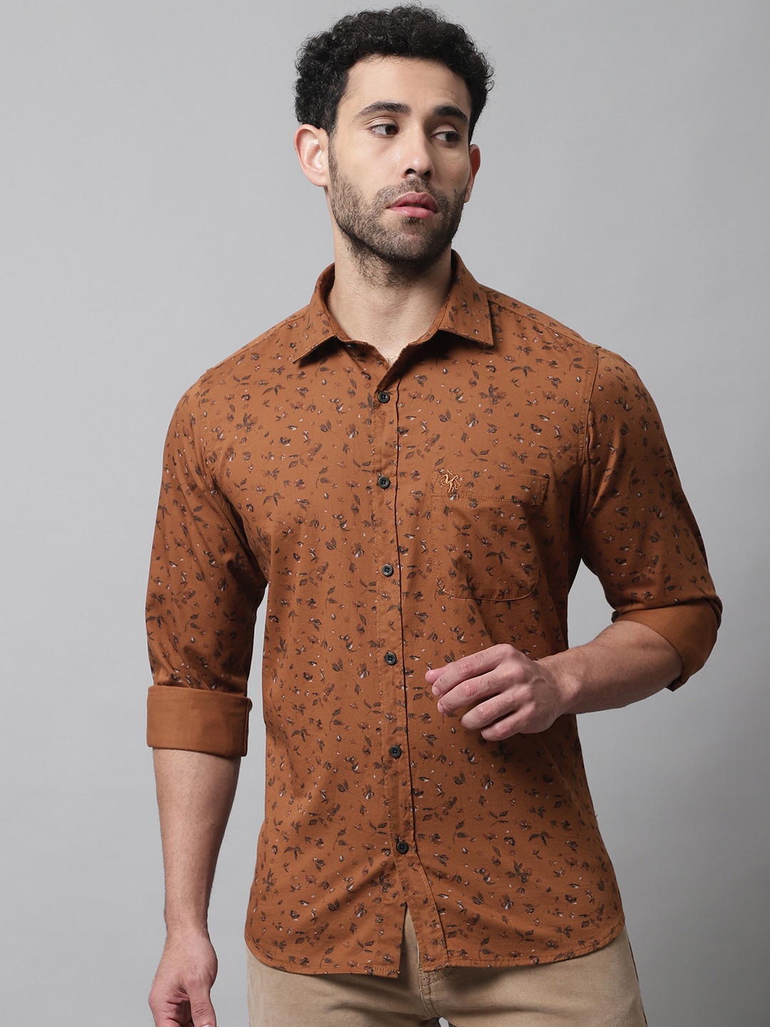 

Cantabil Men Floral Printed Cotton Casual Shirt, Brown