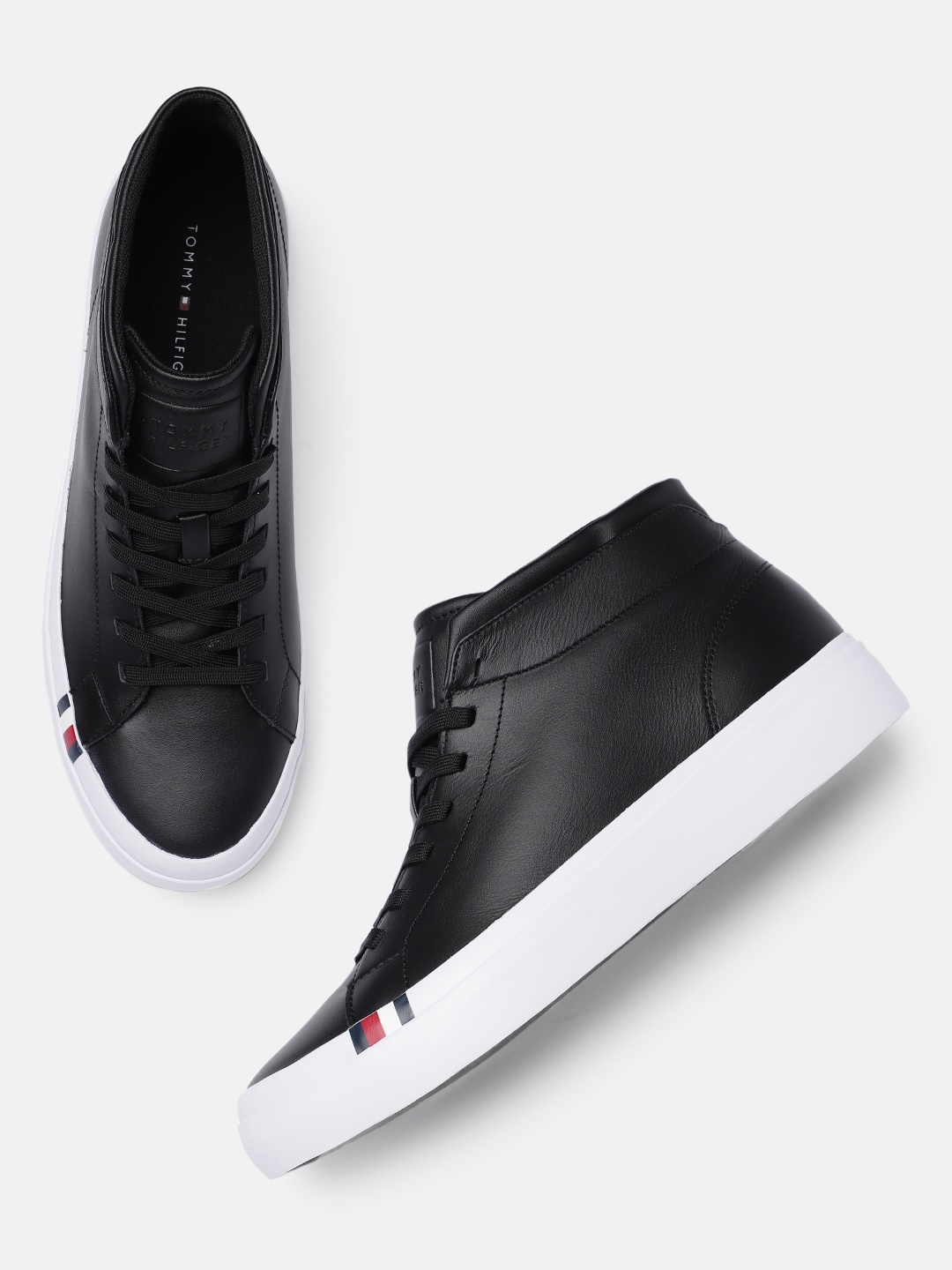 

Tommy Hilfiger Men Leather Mid-Top Sneakers, Black