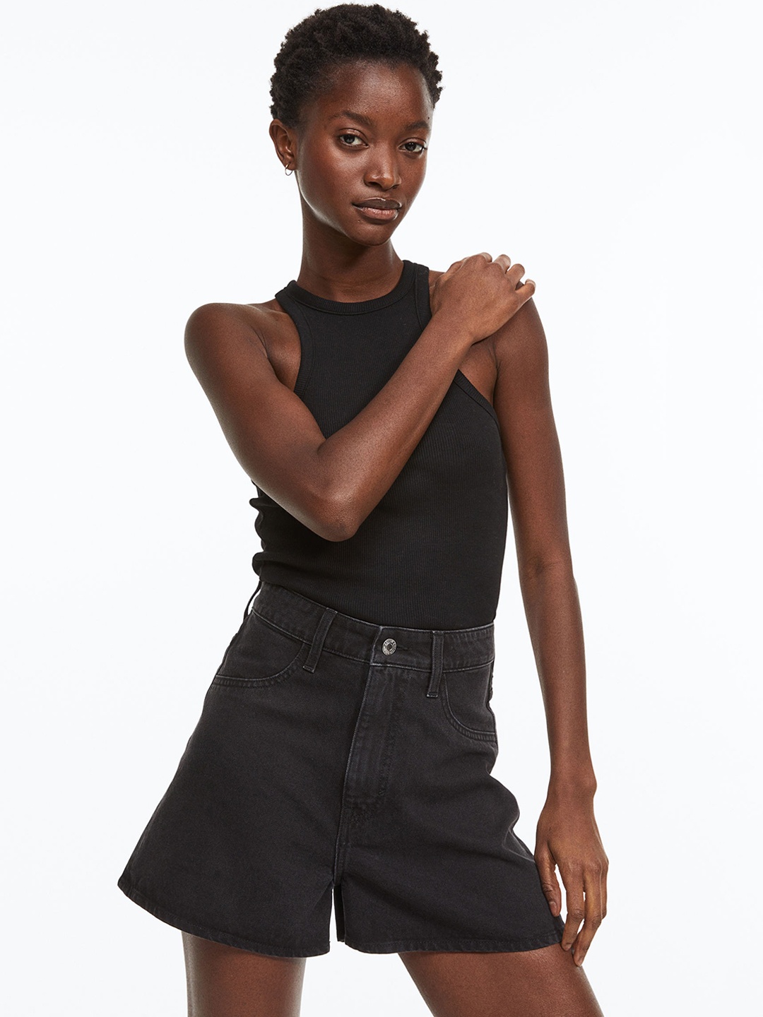 

H&M Women Curvy Fit Pure Cotton Denim Shorts, Black