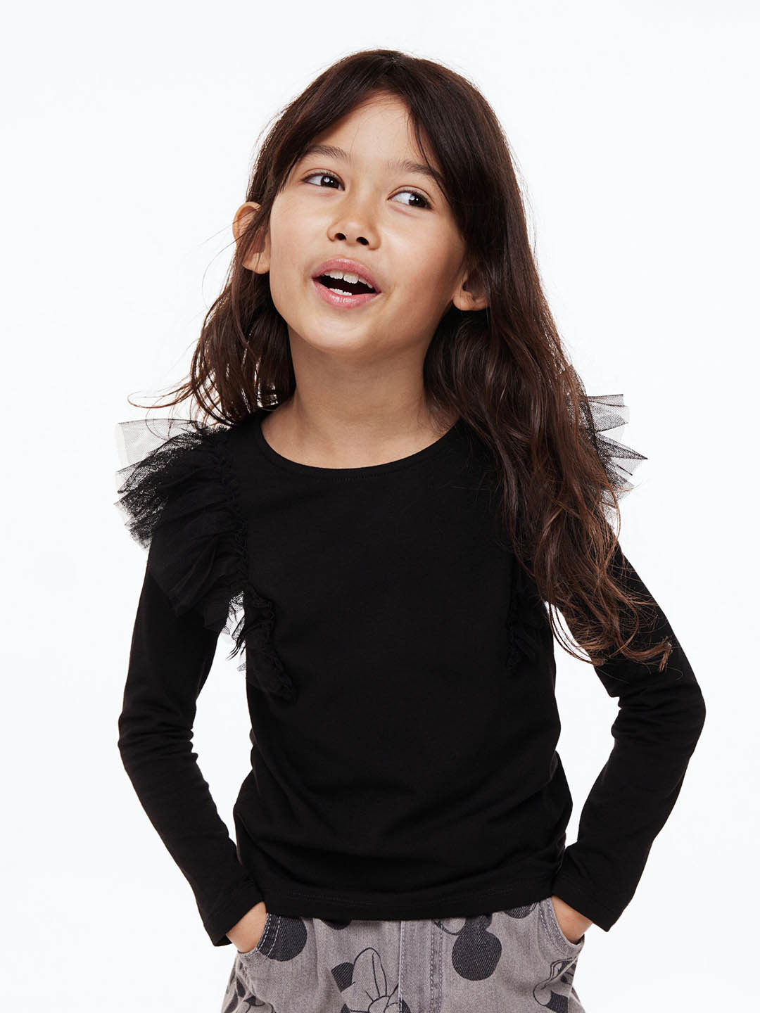 

H&M Girls Flounce-Trimmed Top, Black