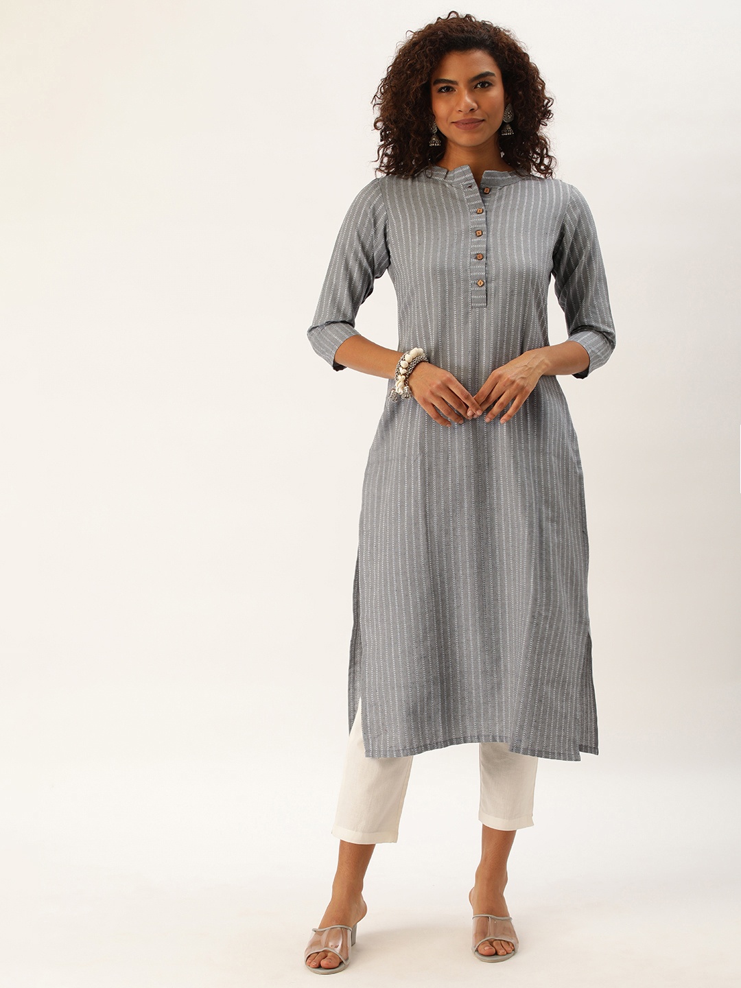 

Saanjh Women Striped Straight Kurta, Grey