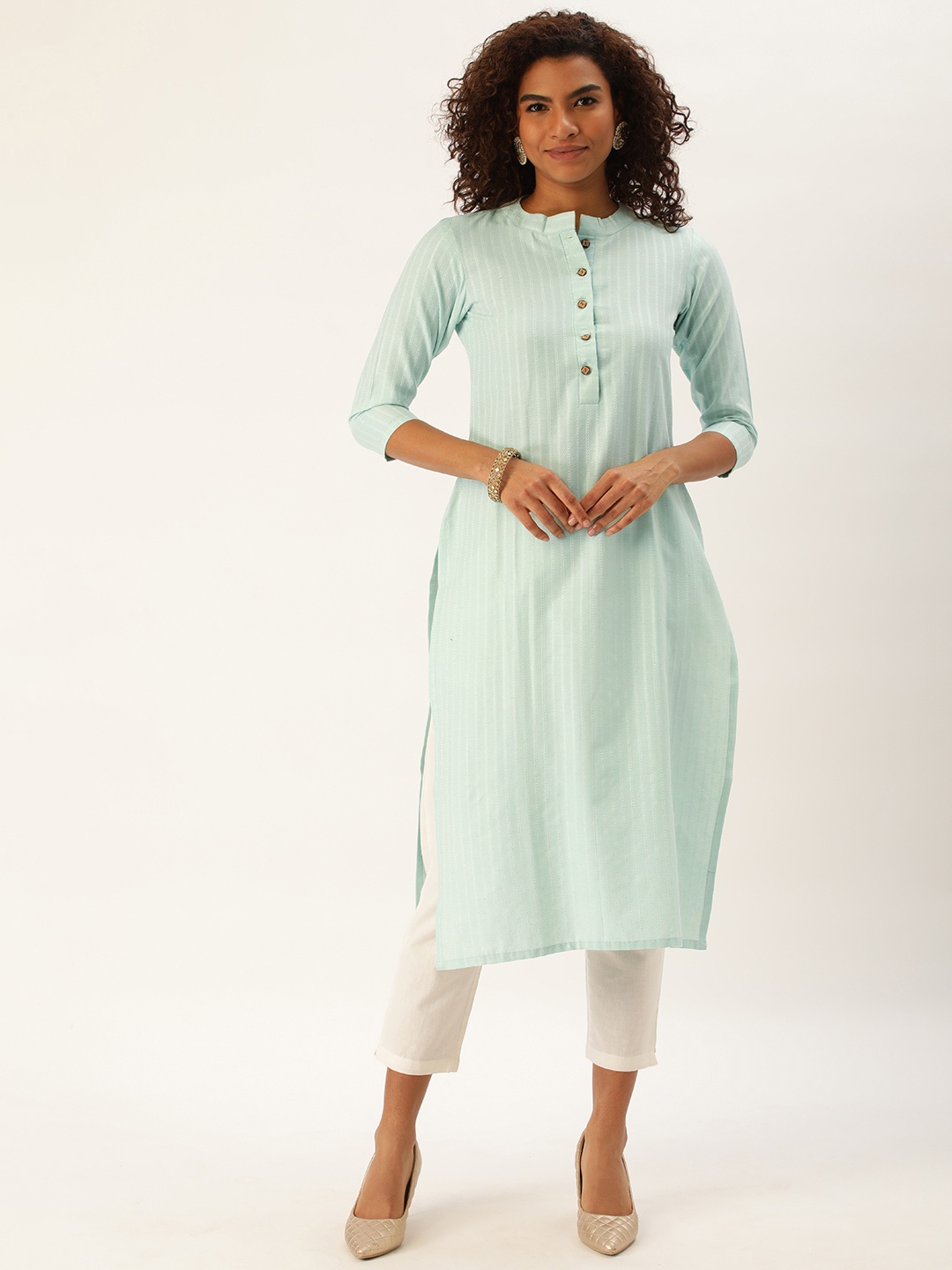 

Saanjh Women Striped Straight Kurta, Turquoise blue