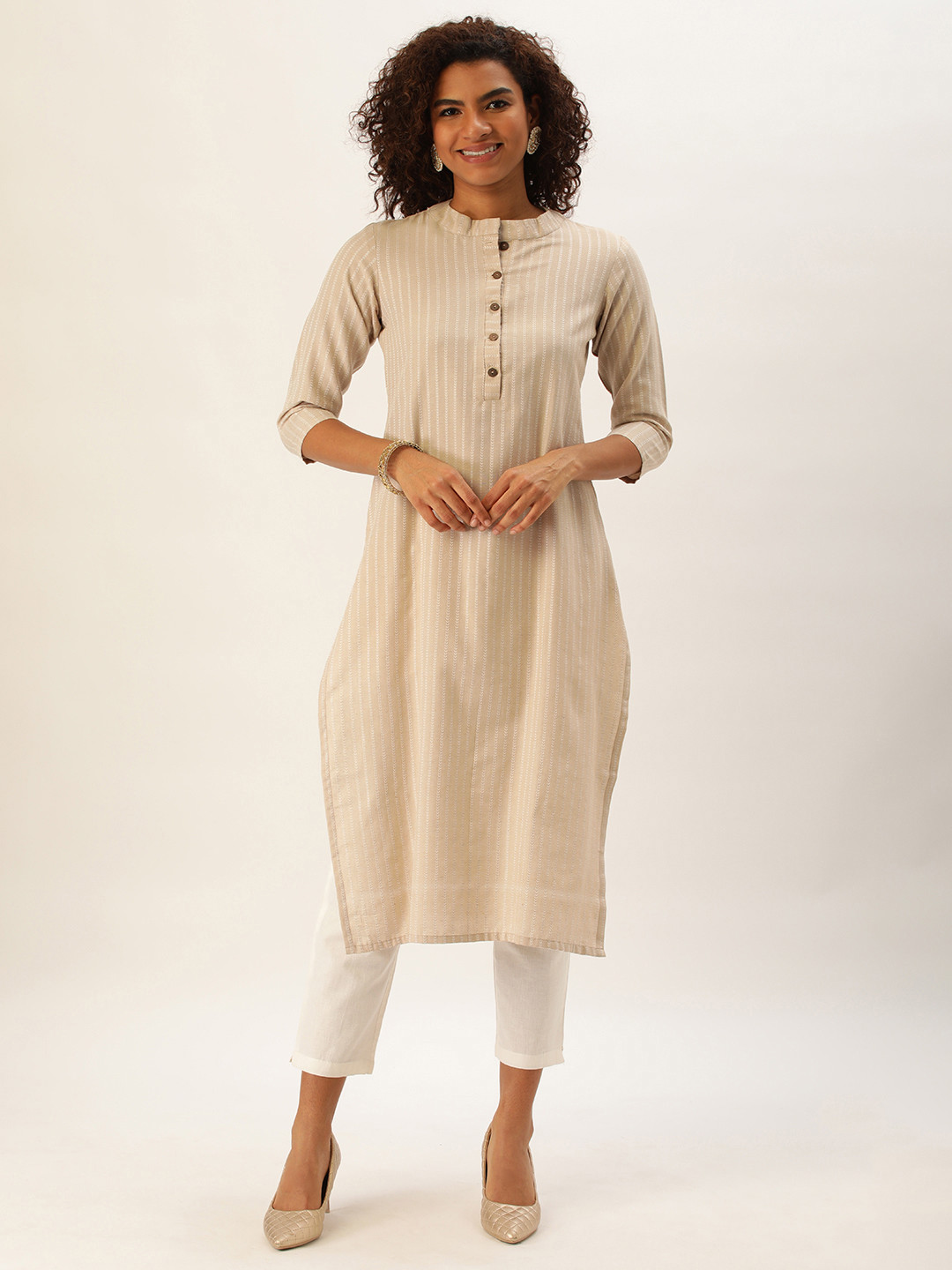 

Saanjh Women Striped Straight Kurta, Beige