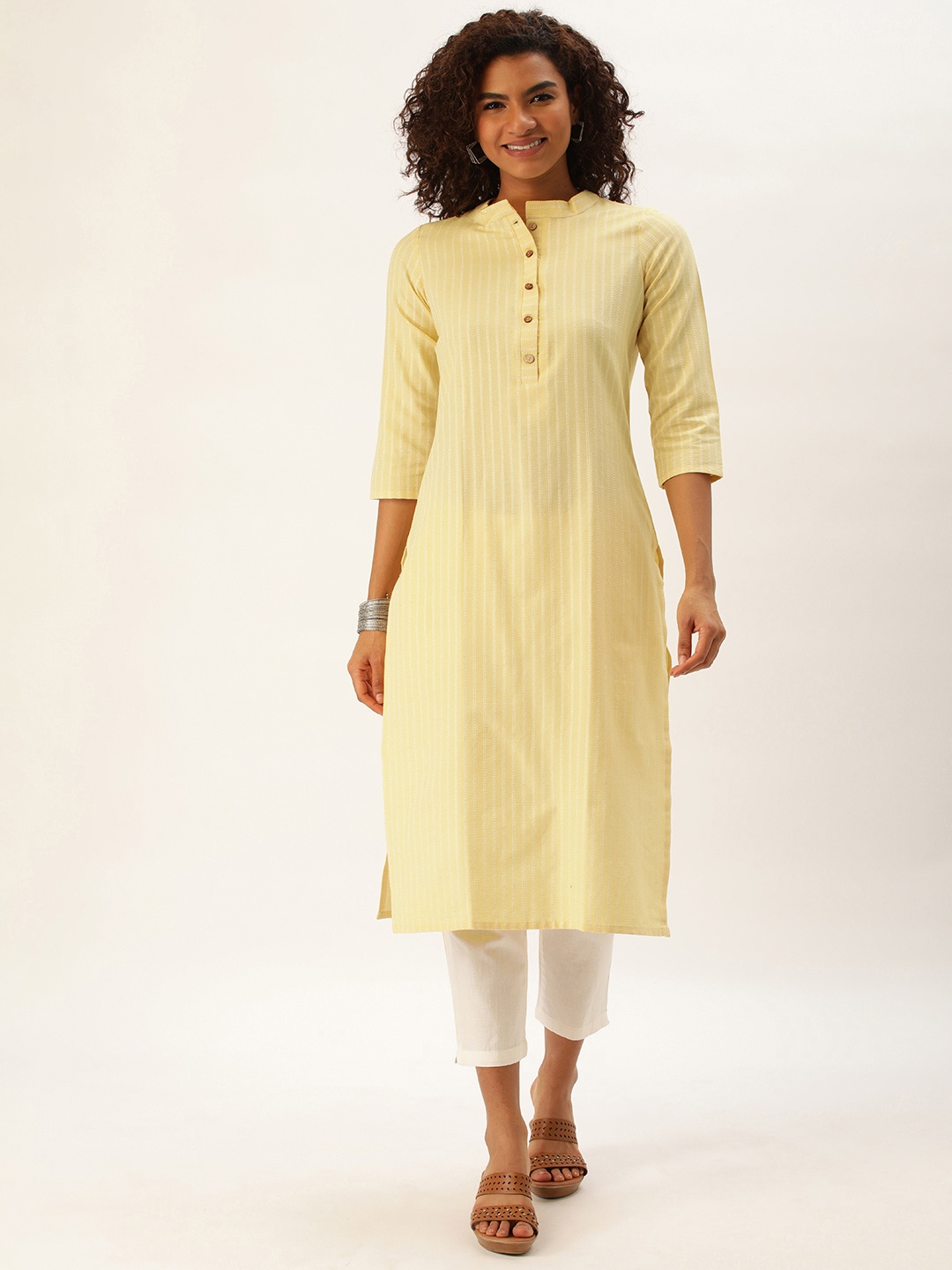 

Saanjh Women Striped Straight Kurta, Yellow