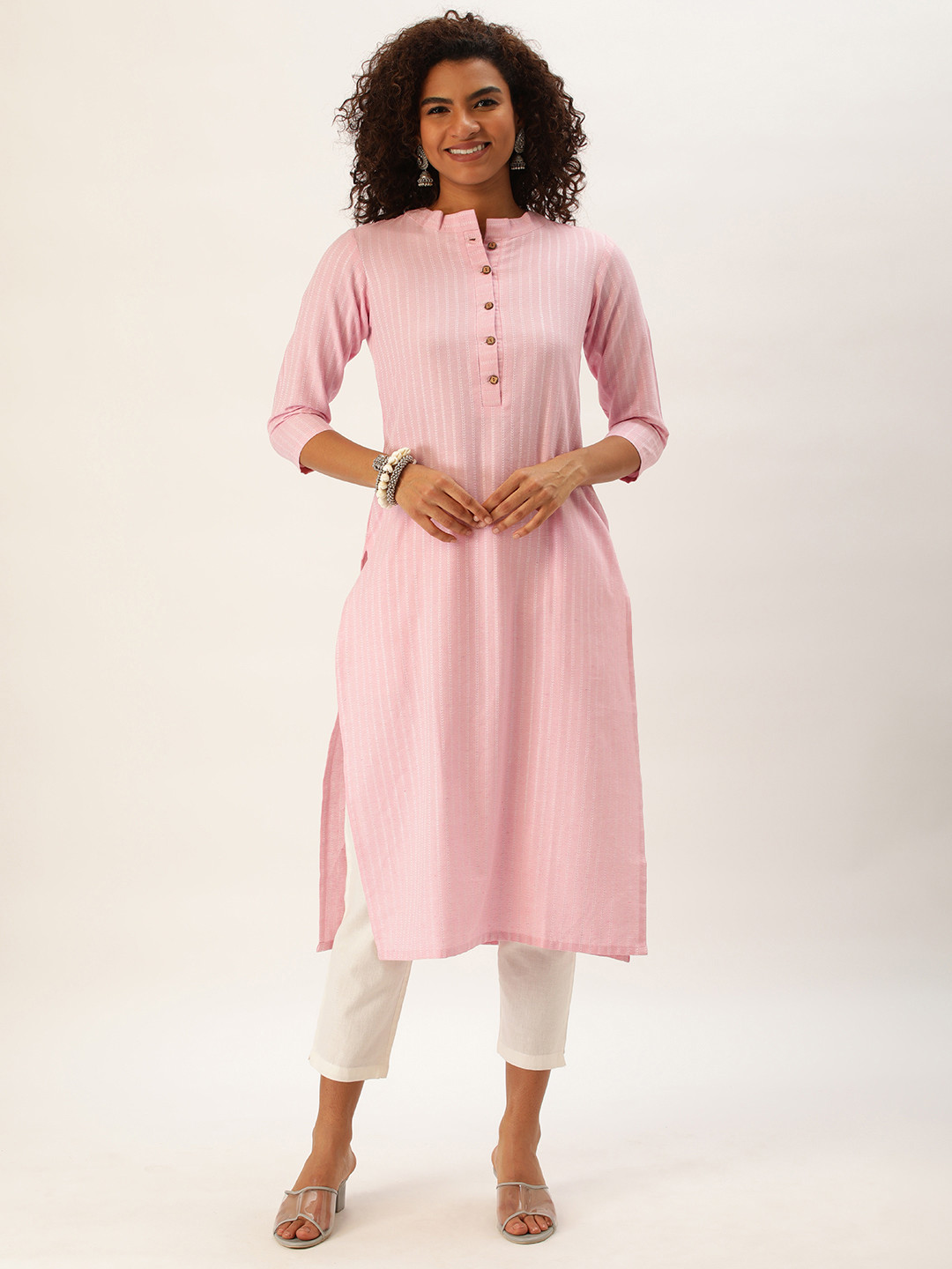 

Saanjh Women Striped Straight Kurta, Pink