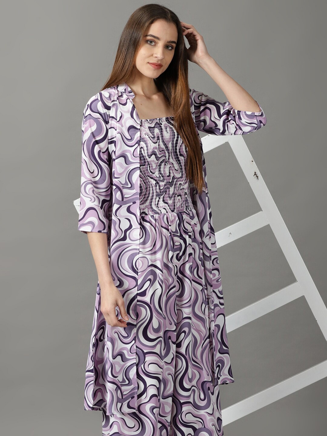 

SHOWOFF Printed Basic Jumpsuit With Over Coat, Violet